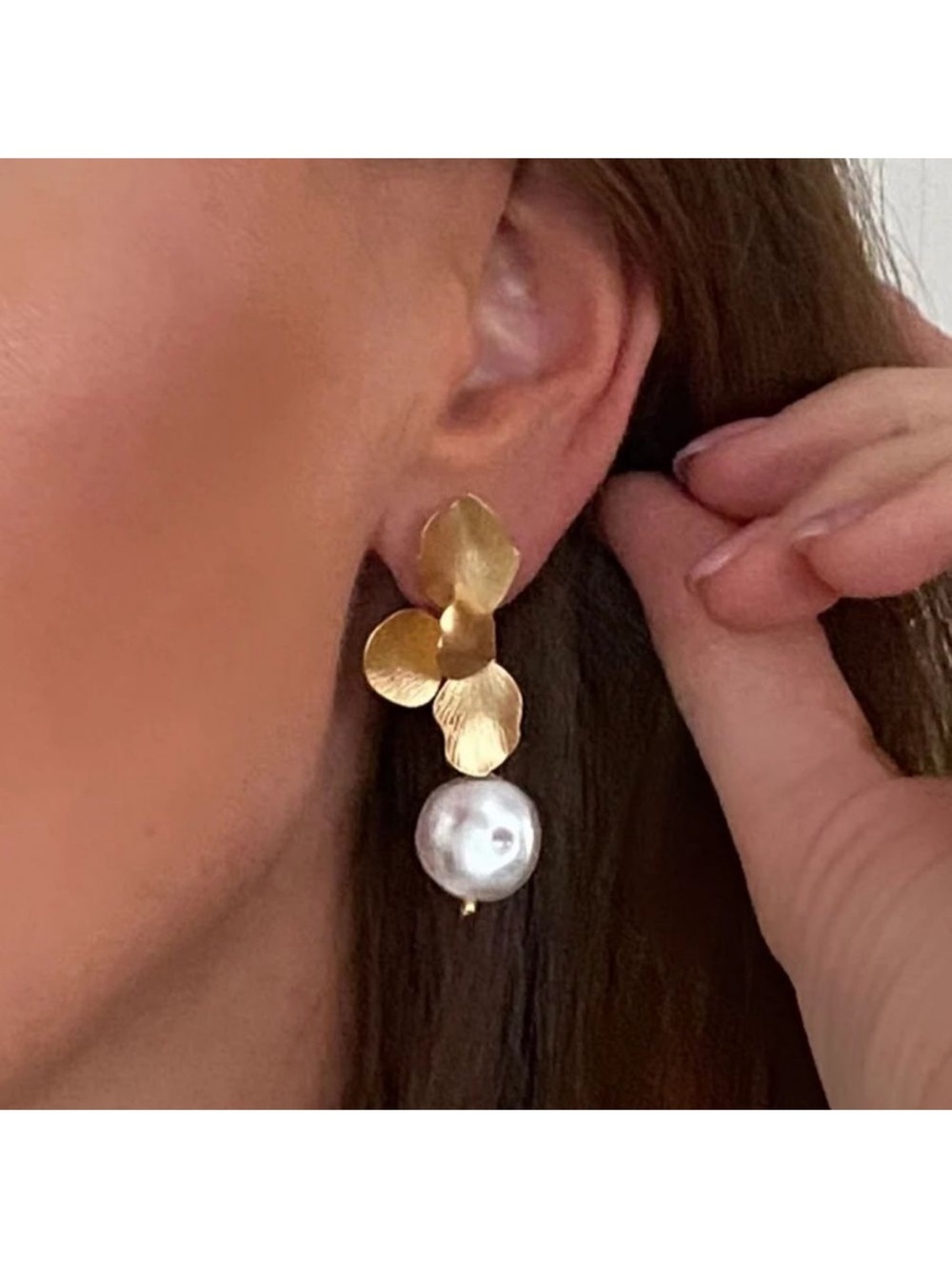 Gold Floral Pearl Drop Earrings A5